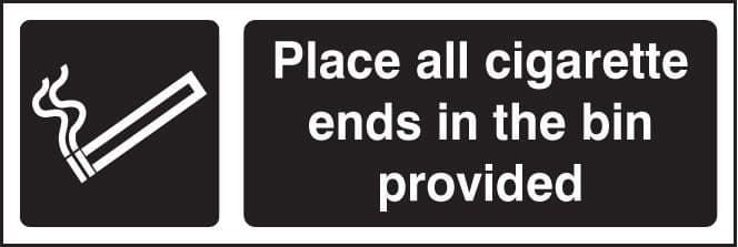 13251G Place all cigarette ends in bins provided (white/black) Rigid Plastic (300x100mm)Safety Sign