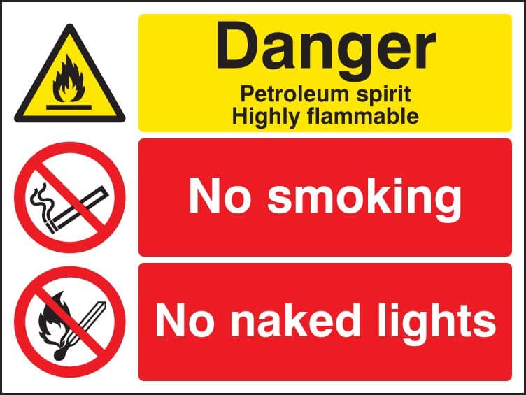 16202Q Petroleum spirit no smoking no naked lights Rigid Plastic (600x450mm) Safety Sign