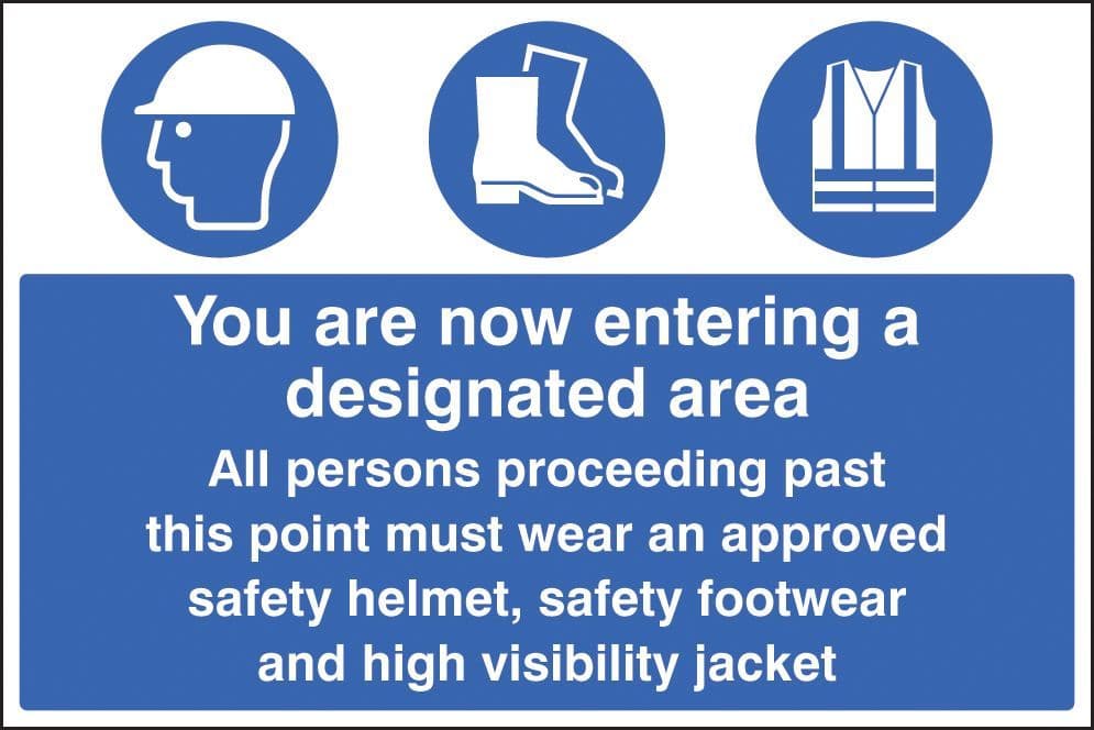 16236P Entering designated area must wear helmet, footwear & jacket Rigid Plastic (600x400mm)