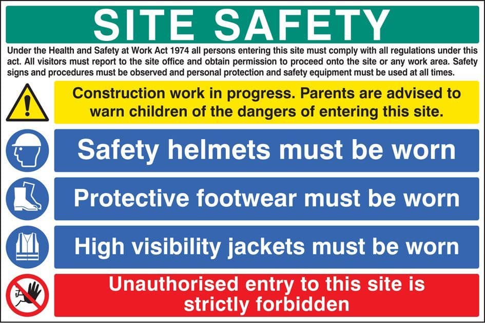 16447W Site safety - hard hat, vest and boots Rigid Plastic (900x600mm) Safety Sign