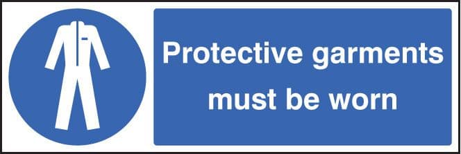 25212M Protective garments must be worn Self Adhesive Vinyl (600x200mm) Safety Sign
