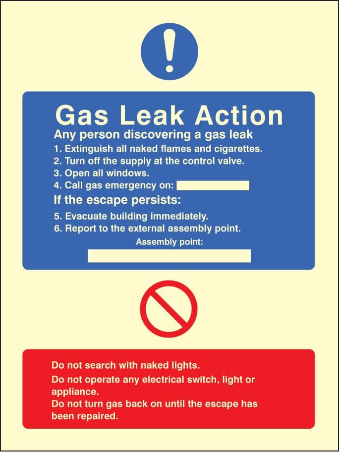 31431E Gas leak action Photoluminescent Rigid (200x150mm) Safety Sign