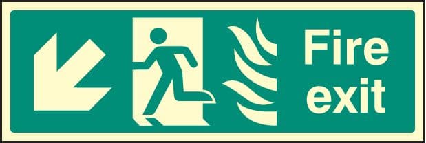 32086M Fire exit down left photo HTM Photoluminescent Rigid (600x200mm) Safety Sign