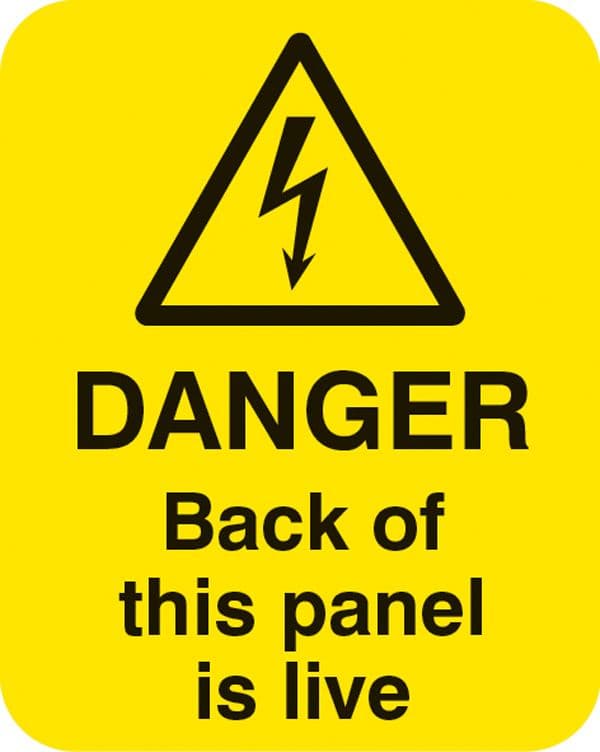 54056 Danger back of this panel is live Sheet of 25 labels 40x50mm (40x50mm) Safety Sign