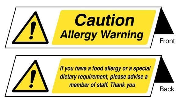55633 Food allergy notice double sided plastic table cards (pack of 5) Safety Sign