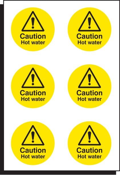 56098 Caution hot water 65mm dia - sheet of 6 (65mm dia) Safety Sign