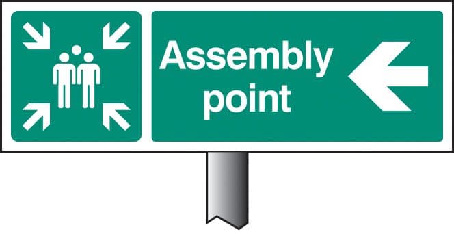 56540 Assembly point left verge sign 450x150mm (post 800mm) (450x150mm) Safety Sign