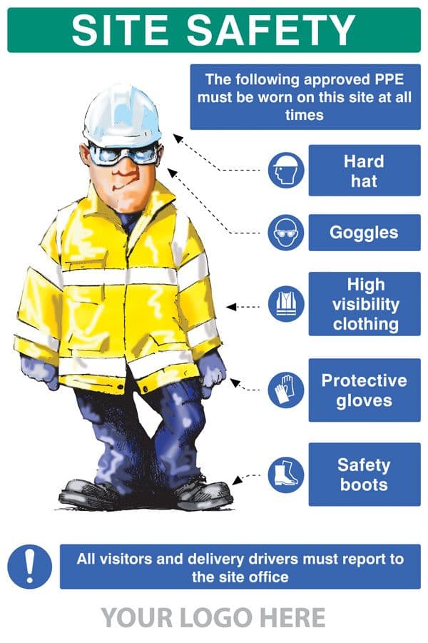 58051 PPE requirement sign (Hat,Goggles,Hivis,Gloves,Boots) (600x900mm) Safety Sign