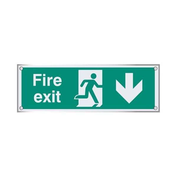 59470 Fire exit down visual impact 5mm acrylic sign 450x150mm c/w stand off locators