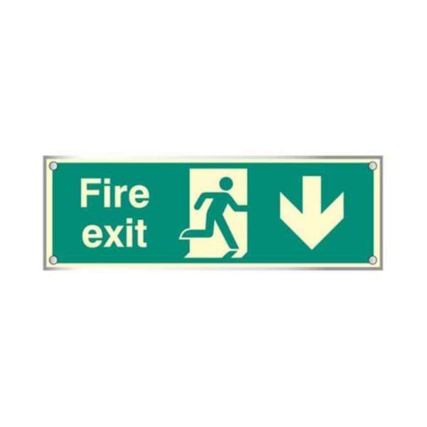 59474 Fire exit down visual impact 5mm photolum. acrylic sign 450x150mm c/w stand off locators