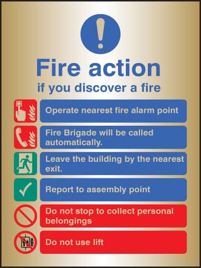 59529 Fire action auto dial with lift - brass (150x200mm) Safety Sign