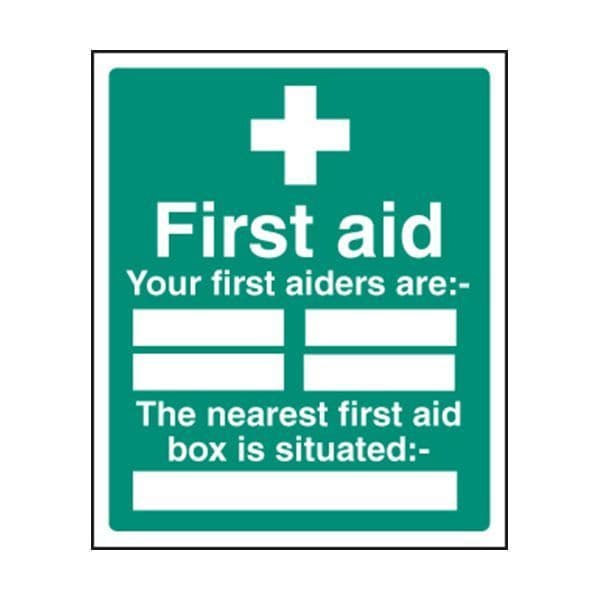 86027H First aiders the nearest first aid box is situated sign- Quick-Fix with S/A Back (300x250mm)