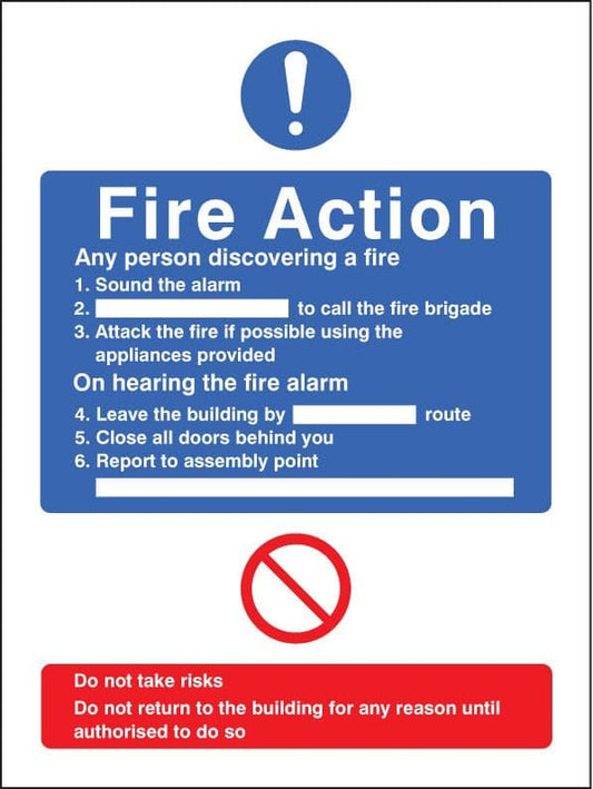11423E General fire action (no lift in building) Rigid Plastic (200x150mm) Safety Sign