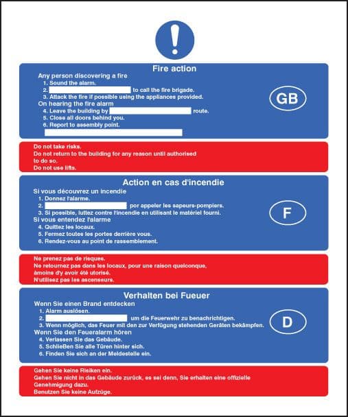 11424H Multi-lingual fire action Rigid Plastic (300x250mm) Safety Sign