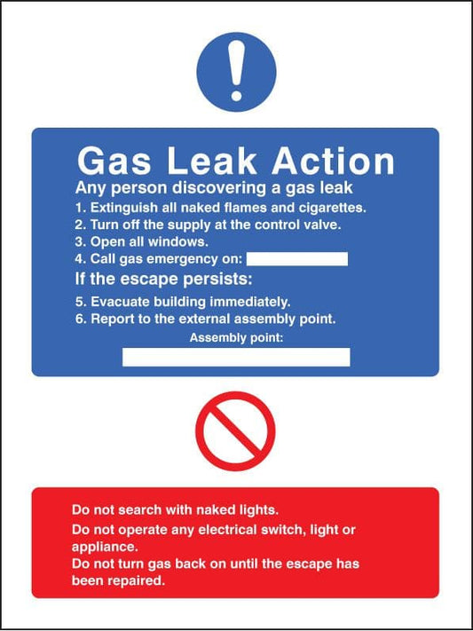 11431H Gas leak action Rigid Plastic (300x250mm) Safety Sign