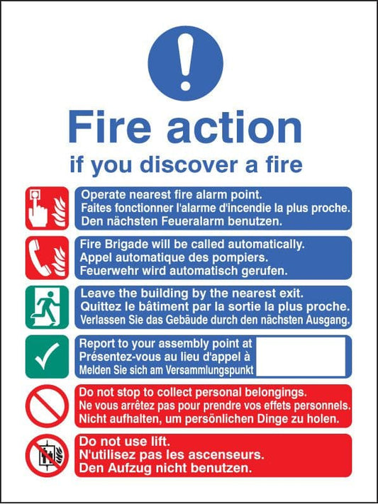 11435H Multi-lingual fire action auto with lift Rigid Plastic (300x250mm) Safety Sign