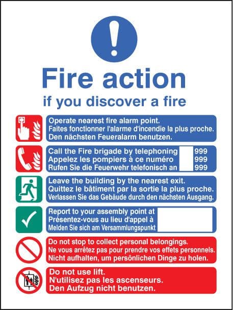 11436E Multi-lingual fire action manual lift Rigid Plastic (200x150mm) Safety Sign