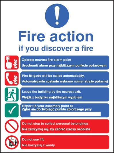 11440E Fire action auto dial with lift (English/polish) Rigid Plastic (200x150mm) Safety Sign