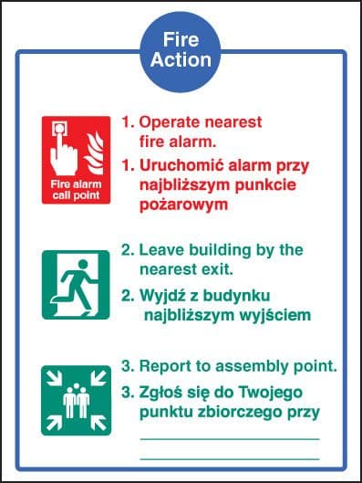 11441E Fire action auto dial without lift (English/polish) Rigid Plastic (200x150mm) Safety Sign