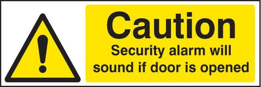 11738G Caution security alarm will sound if door is opened Rigid Plastic (300x100mm) Safety Sign