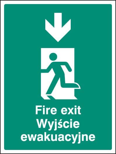 12078H Fire exit arrow down (English/polish) Rigid Plastic (300x250mm) Safety Sign