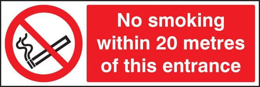 13236G No smoking within 20 metres of this entrance Rigid Plastic (300x100mm) Safety Sign