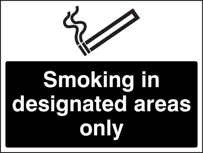 13248E Smoking in designated areas only (white/black) Rigid Plastic (200x150mm) Safety Sign