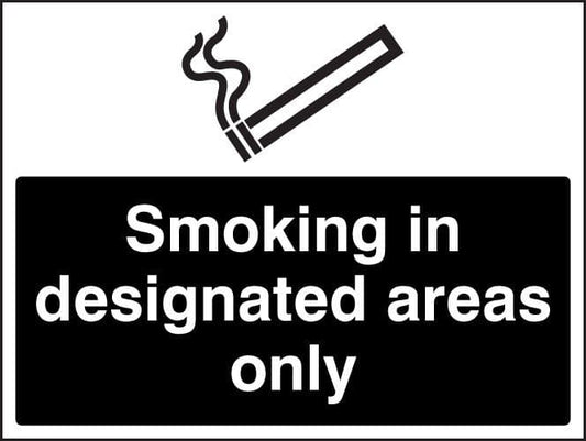 13248E Smoking in designated areas only (white/black) Rigid Plastic (200x150mm) Safety Sign