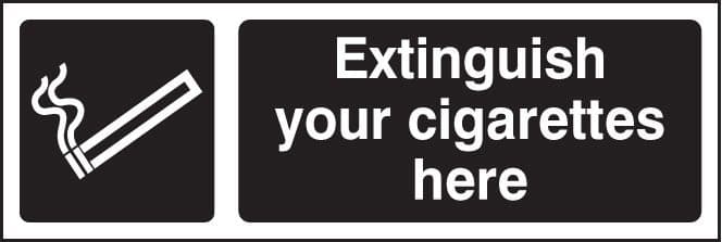 13253G Extinguish your cigarettes here (white/black) Rigid Plastic (300x100mm) Safety Sign