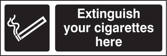 13253G Extinguish your cigarettes here (white/black) Rigid Plastic (300x100mm) Safety Sign