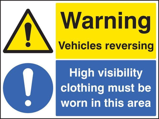 14032Q Warning vehicles reversing high vis clothing must be worn Rigid Plastic (600x450mm)