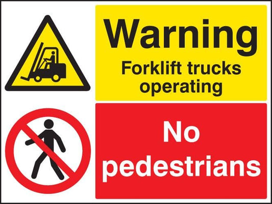 14033Q Warning forklift trucks operating no pedestrians Rigid Plastic (600x450mm) Safety Sign