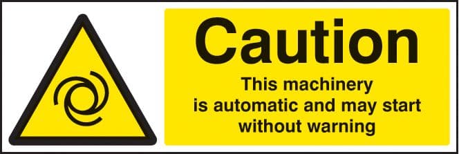 14228G Caution this machinery is automatic etc Rigid Plastic (300x100mm) Safety Sign