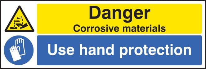 14267G Danger corrosive materials use hand protection Rigid Plastic (300x100mm) Safety Sign