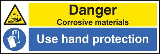 14267G Danger corrosive materials use hand protection Rigid Plastic (300x100mm) Safety Sign