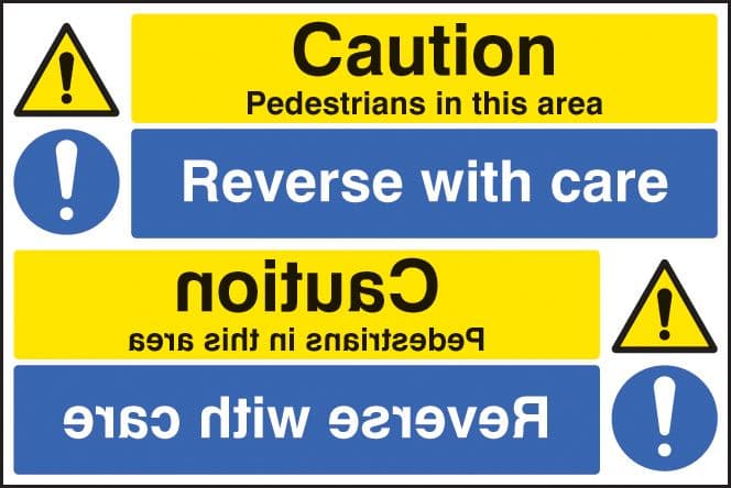 14294P Caution pedestrians reverse with care reflection sign Rigid Plastic (600x400mm) Safety Sign