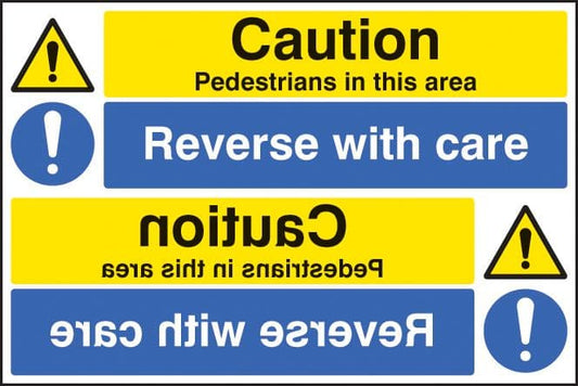 14294P Caution pedestrians reverse with care reflection sign Rigid Plastic (600x400mm) Safety Sign