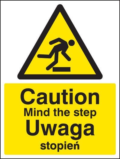 14296E Caution mind the step (English/polish) Rigid Plastic (200x150mm) Safety Sign