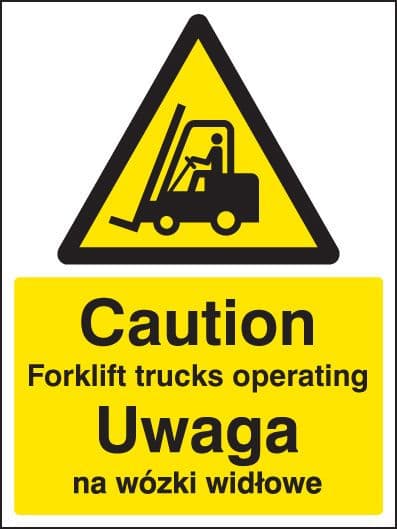 14298K Caution forklift trucks operating (English/polish) Rigid Plastic (400x300mm) Safety Sign