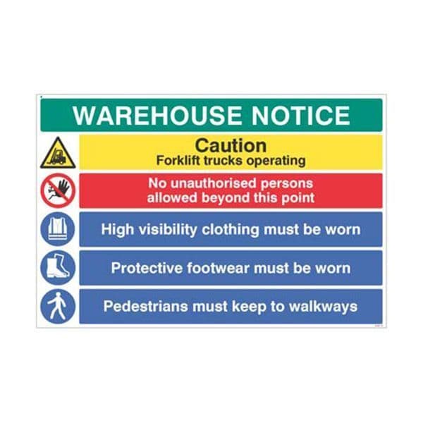 14307W Warehouse Safety Caution forklift trucks, hivis, boots  sign - Rigid Plastic (900x600mm)
