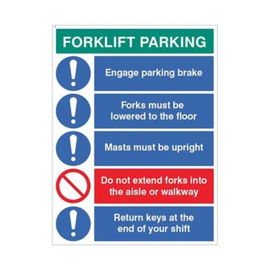 14310Q Forklift Parking Engage brakes, lower forks, return keys sign - Rigid Plastic (600x450mm)