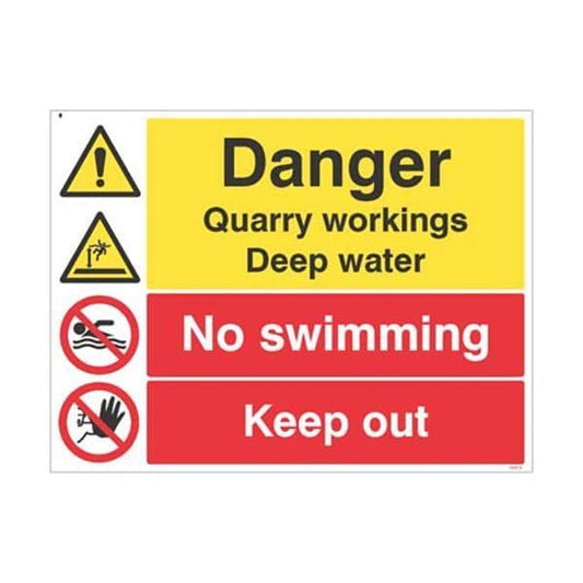 14314Q Danger Quarry workings, deep water, no swimming, keep out sign - Rigid Plastic (600x450mm)