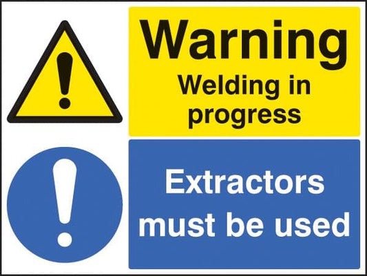 14527K Warning welding in progress extractors must be used Rigid Plastic (400x300mm) Safety Sign