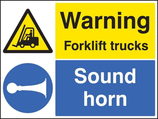 14528Q Warning forklift trucks sound horn Rigid Plastic (600x450mm) Safety Sign