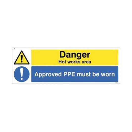 14561M Danger Hot works area Approved PPE must be worn sign - Rigid Plastic (600x200mm)