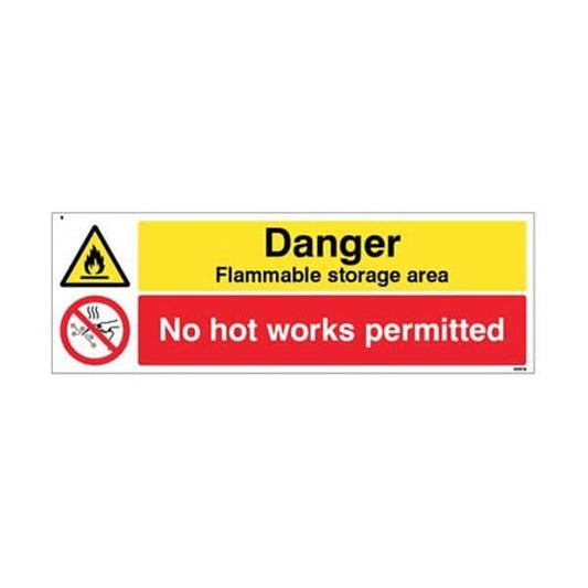 14562M Danger Flammable storage area No hot works permitted sign - Rigid Plastic (600x200mm)