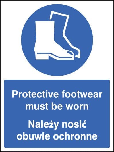 15249E Protective footwear must be worn (English/polish) Rigid Plastic (200x150mm) Safety Sign