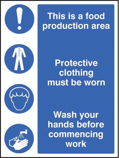 15604E Food production area/protective clothing/wash hands Rigid Plastic (200x150mm) Safety Sign