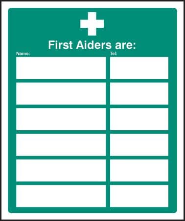 16022H First aiders are (space for 6) Rigid Plastic (300x250mm) Safety Sign