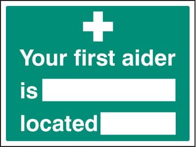 16038E Your first aider is located Rigid Plastic (200x150mm) Safety Sign